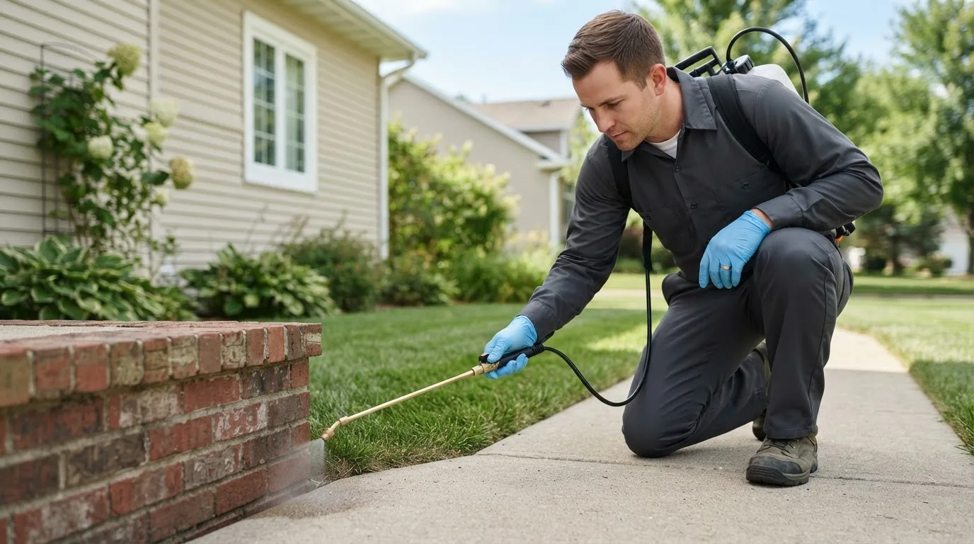 Pest control technician treating a home near North Haven, ME