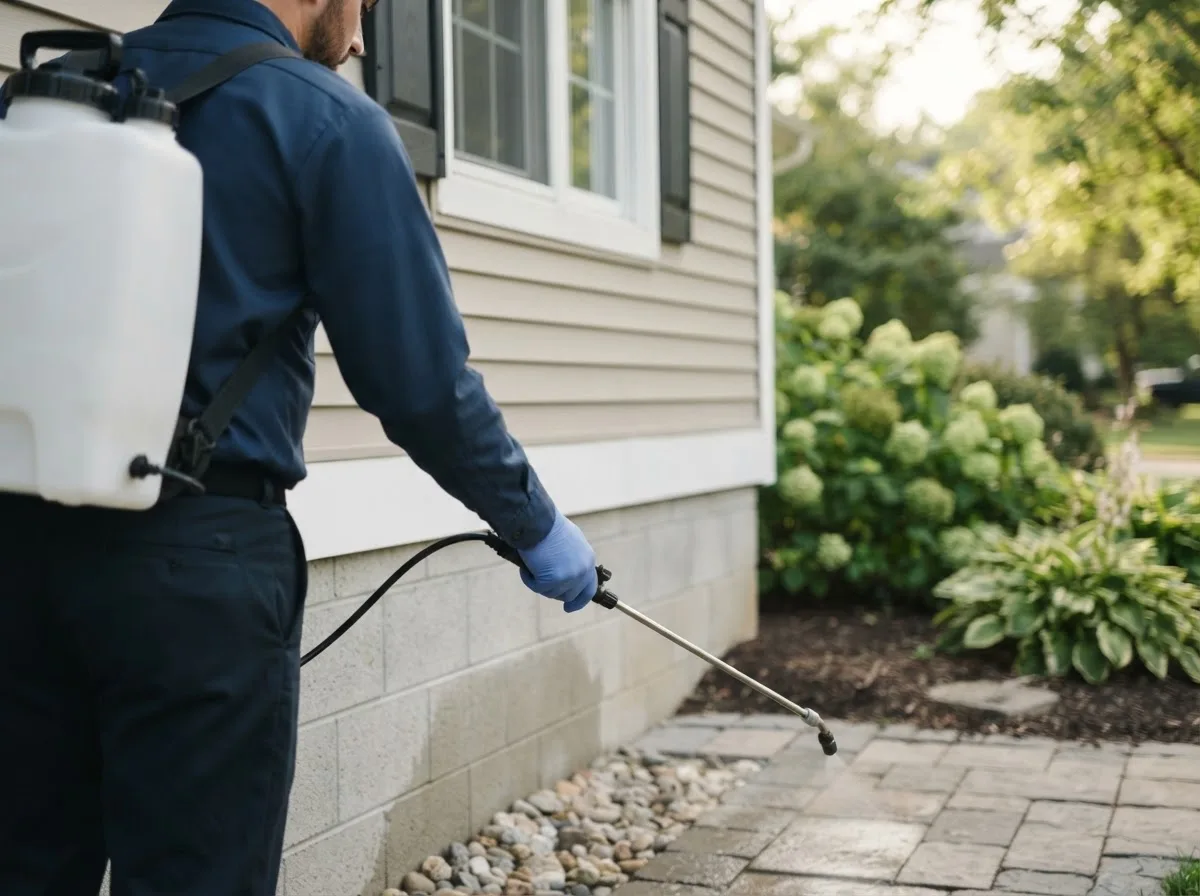 Pest control technician inspecting a home in North Haven, ME